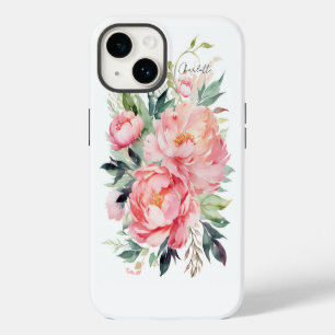Elegante Roze Bloemenaquarel met Gepersonaliseerde iPhone 14 Hoesje