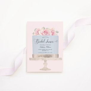 Elegante roze bloemencake bruids douche uitnodigin