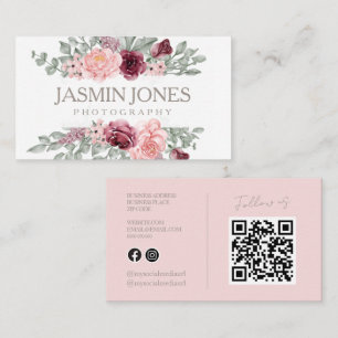 Elegante Roze Bloemencode QR Code Fotografie Visitekaartje