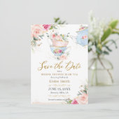 Elegante Roze Bloemenge High Tea Party Bruidsborre Save The Date (Staand voorkant)