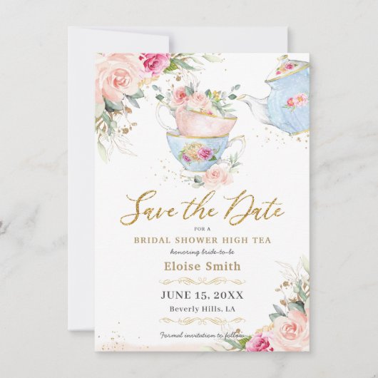 Elegante Roze Bloemenge High Tea Party Bruidsborre Save The Date (Voorkant)