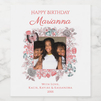 Elegante roze bloemengelukkige verjaardag familief wijn etiket