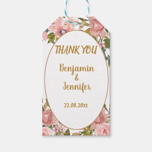 Elegante roze bloemengroen bruiloft dank u cadeaulabel (Voorkant)