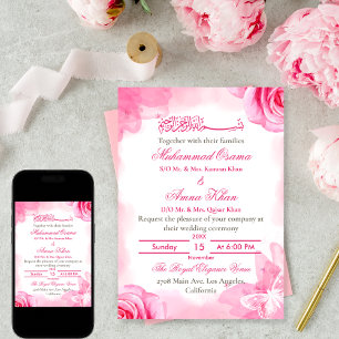 Elegante roze bloemenislamitische moslim bruiloft kaart
