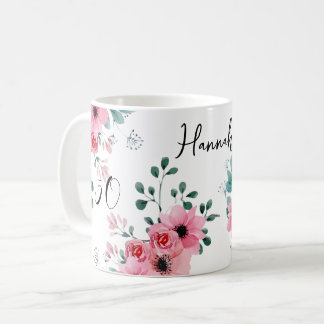Elegante roze bloemenkorf 50ste verjaardag geperso koffiemok