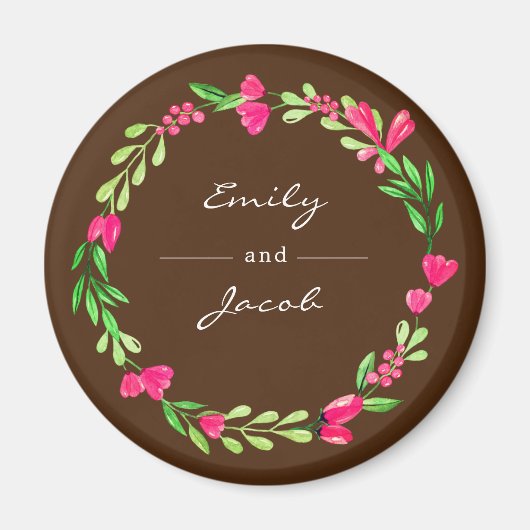Elegante roze bloemenkrans bruine naam van het paa magneet (Voorkant)