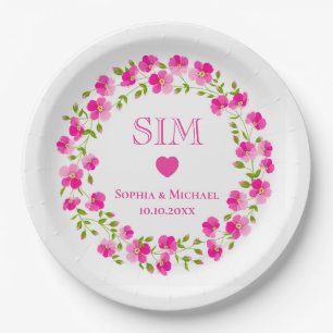Elegante Roze Bloemenkrans, Hart Trouw Monogram Papieren Bordje