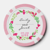 Elegante roze bloemenkrans witte bruiloft poker chips (Achterkant)