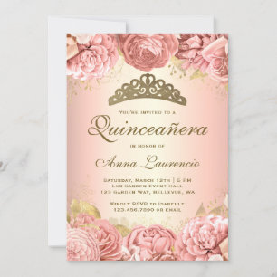 Elegante Roze Bloemenkroon Quinceanera Kaart