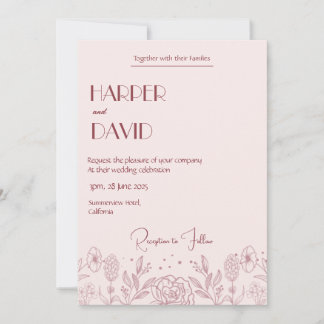 Elegante Roze Bloemenlijn Huwelijksuitnodiging Kaart