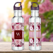Elegante roze bloemenstreep Monogram Personalisere Waterfles