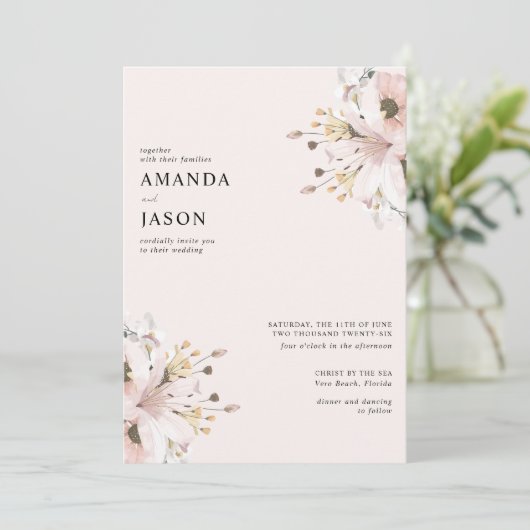 Elegante roze bloementuin bruiloft kaart (Staand voorkant)