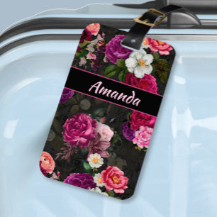 Elegante roze bloemetjes en rozen zwart bloemenkle bagagelabel