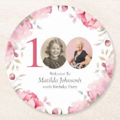 Elegante roze bloemfoto 100ste verjaardagsfeestje ronde kartonnen onderzetter (Voorkant)