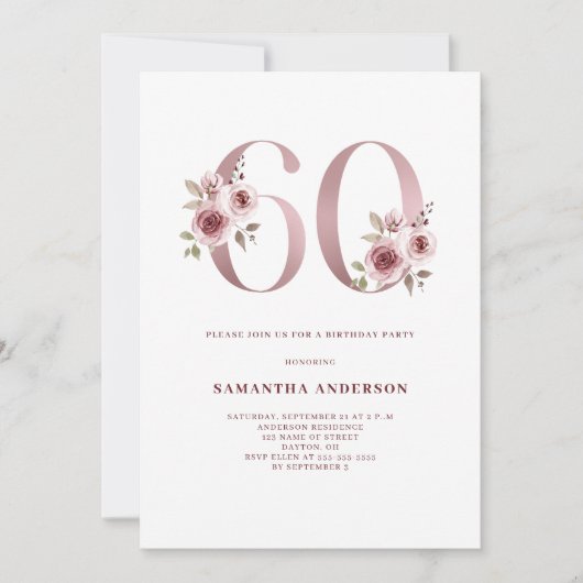 Elegante Roze Bloemige 60e Verjaardag Kaart (Voorkant)