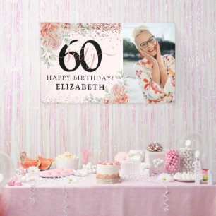 Elegante Roze Bloemige 60e Verjaardagsfoto Spandoek