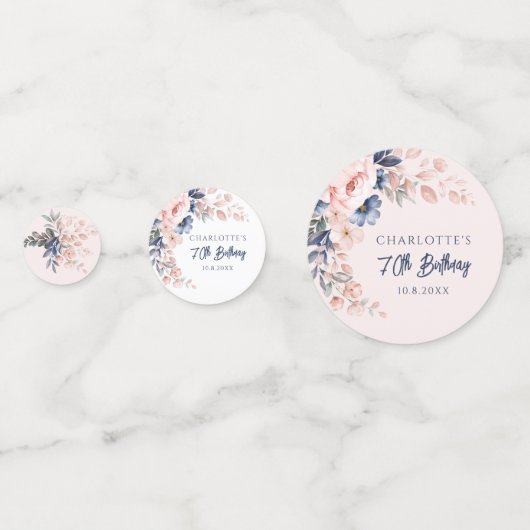 Elegante roze bloemige 70ste verjaardagsfeestje op confetti (Achterkanten)