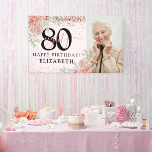Elegante Roze Bloemige 80e Verjaardagsfoto Spandoek