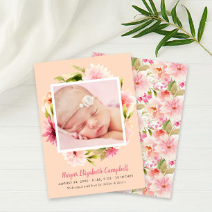 Elegante roze bloemige baby meisje foto perzik geb aankondiging