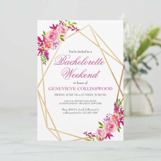 Elegante Roze Bloemige Bachelorette Weekend Agenda Kaart (Staand voorkant)