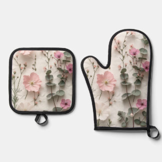 Elegante Roze Bloemige Botanische Ovenwanten & Pan Ovenwant & Pannenlap Set