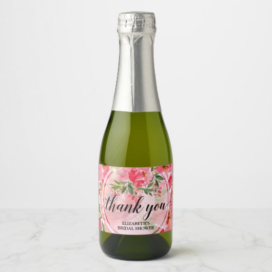 Elegante Roze Bloemige Bruidsdouche Mini Sparkling Wijnetiket (Voorkant)