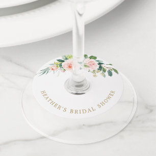 Elegante Roze Bloemige Bruiloftsborrel Wijnglaslabel