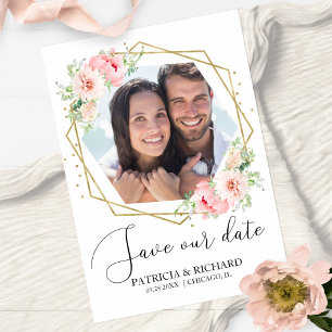 Elegante Roze Bloemige Foto Save the Date Trouwkaa Briefkaart