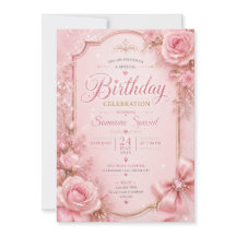Elegante Roze Bloemige Glitter Verjaardagsuitnodig