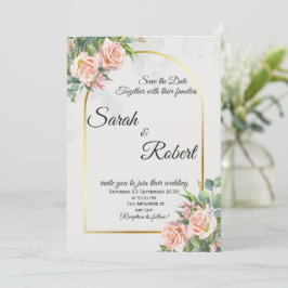 Elegante Roze Bloemige Gouden Boog Trouwuitnodigin Kaart