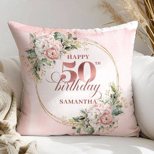 Elegante Roze Bloemige Groene 50e Kussen Cadeau