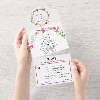 Elegante Roze Bloemige Groene Witte Trouw-RSVP All In One Uitnodiging