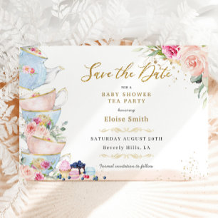 Elegante Roze Bloemige High Tea Feestje Baby Showe Save The Date