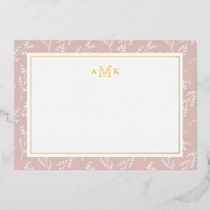 Elegante Roze Bloemige Monogram Folie Notitiekaart