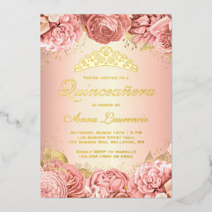 Elegante roze bloemige Quinceanera 15e verjaardag Folie Uitnodiging