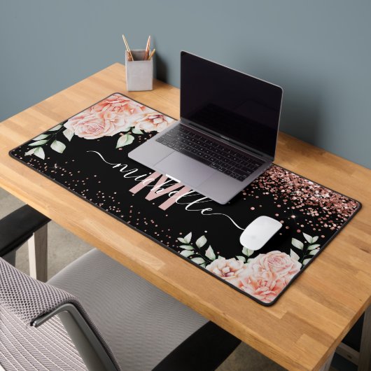 Elegante Roze Bloemige Roze Gouden Glitter Monogra Bureaumat (Kantoor 2)