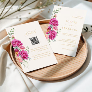 Elegante Roze Bloemige Trouw-QR-code Vet Kaart