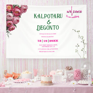 Elegante Roze Bloemige Trouwbegroeting Spandoek