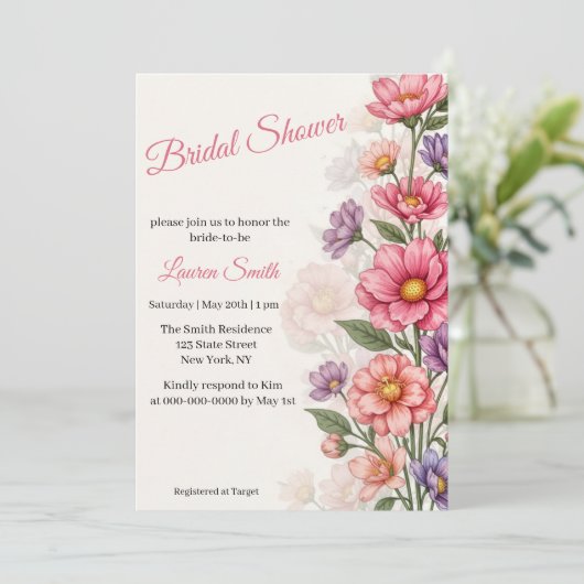 Elegante Roze Bloemige Trouwfeest Uitnodiging (Staand voorkant)
