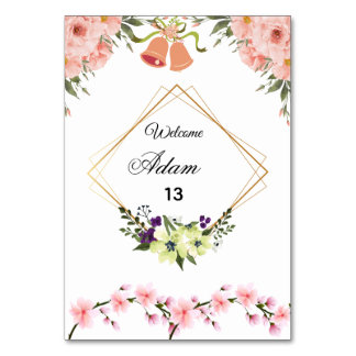 Elegante roze bloemige trouwtafel nummerkaart kaart