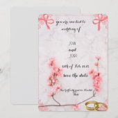 Elegante roze bloemige trouwuitnodiging met marmer save the date (Voorkant / Achterkant)