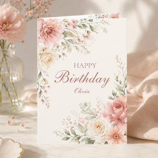 Elegante Roze Bloemige Verjaardag Naam Gevouwen Kaart