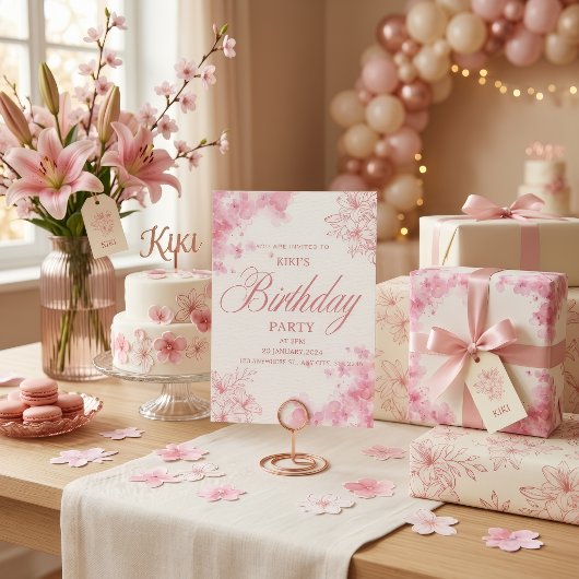 Elegante roze bloemige verjaardagsuitnodiging kaart