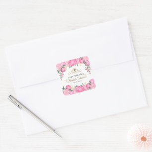 Elegante Roze Bloemige Victoriaanse Bruiloftsdouch Vierkante Sticker
