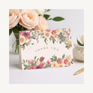 Elegante Roze Bloemrijke Gouden Bruidsdouche Bedankkaart