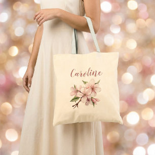 Elegante roze bloemrijke schriftuur kersenbloesem tote bag