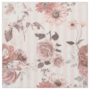 Elegante Roze Bloemrozen Witte Strepen Stof