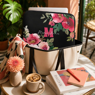 Elegante Roze Bloemstuk Met Naam Cadeau voor Haar Laptop Sleeve