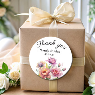 Elegante roze bloesem dank u bruiloft gunst ronde sticker