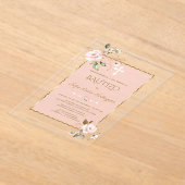 Elegante Roze Blozen Roze Met Bloemen Gouden Doopf Acryl Uitnodigingen (Laagn)